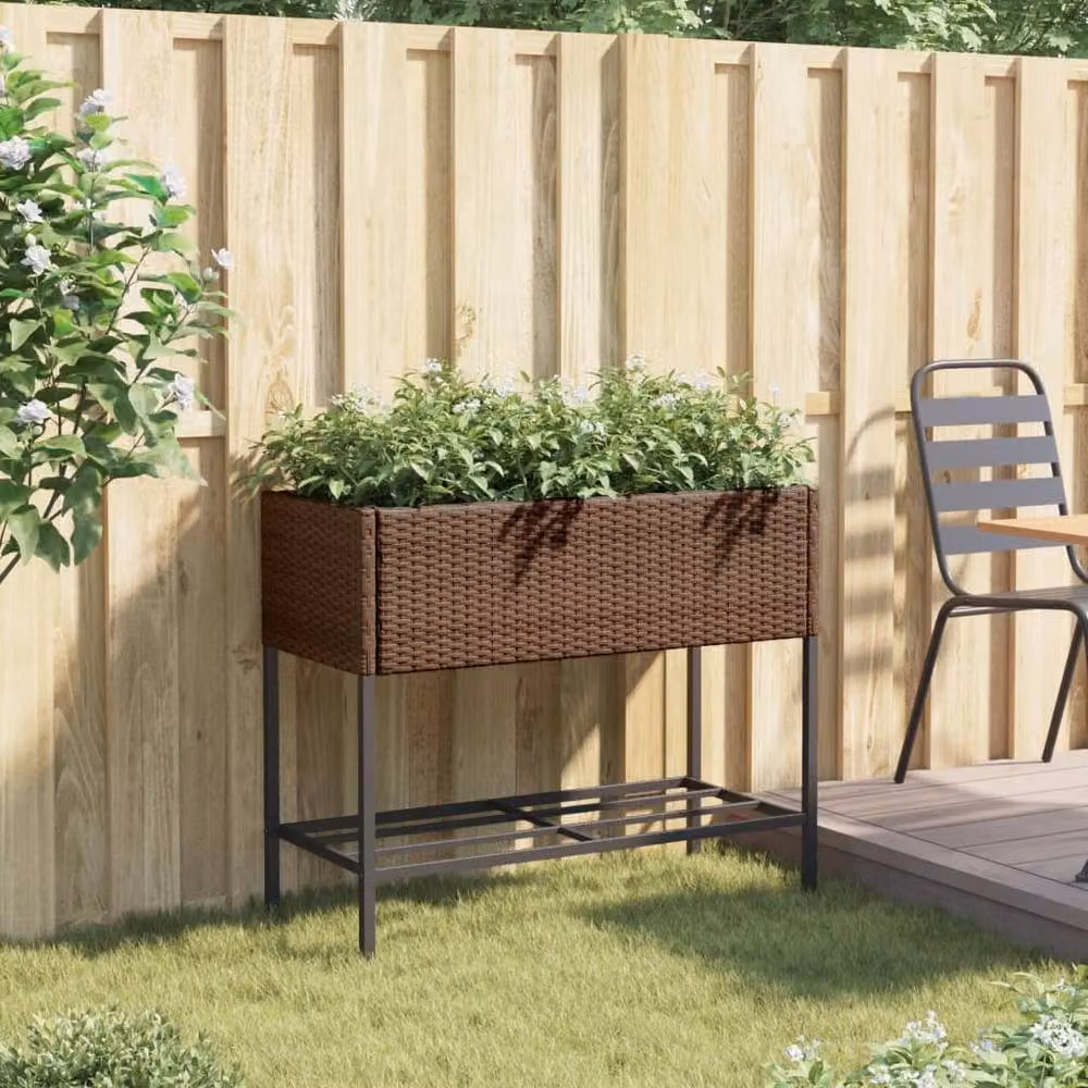 Berkfield Home Brown Poly Rattan Garden Planter with Shelf – 3