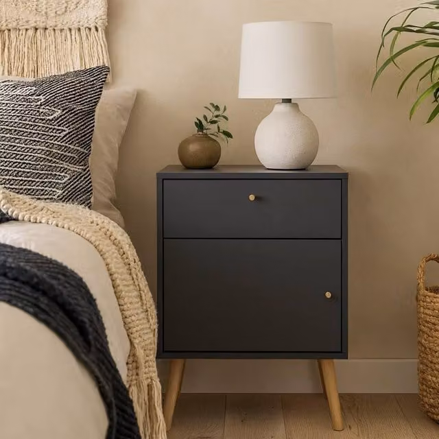 Wyld Haus Quietbloom Dark Grey Wooden Bedside Table with 1 Door and 1 Soft Close Drawer, W/D/H: 39.1 x 50.2 x 72.1 cm – 1