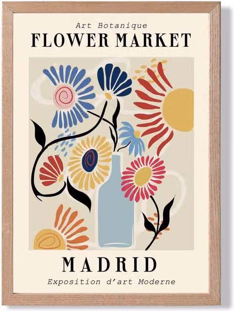 ARTZE Madrid Blue and Pink Flower Market Exhibition Framed Print with Oak Frame