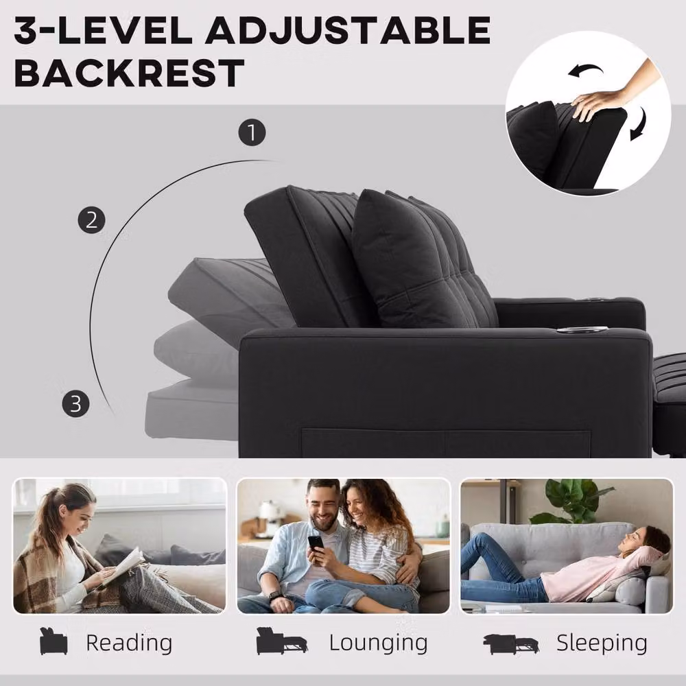 Wyld Haus Kanovi Black 2 Seater Pull Out Sofa Bed with Cup Holders – 5