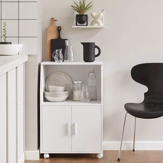 SoBuy Modern Compact Kitchen Trolley with Hinged Doors and Open Shelf in White – 1