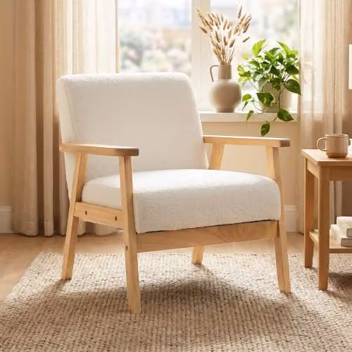 HOMCOM Modern Armchair with Solid Rubberwood Frame and White Fabric Upholstery