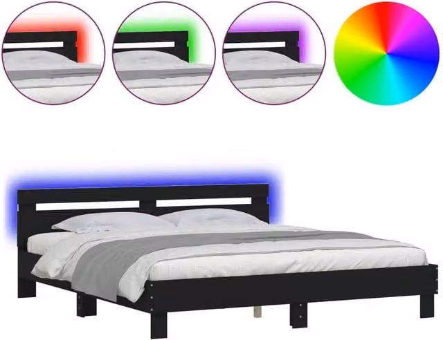 Berkfield Home Modern Black Bed Frame with LED Under-Bed Lighting and USB Charging Port, W/D/H: 200 x 200 cm