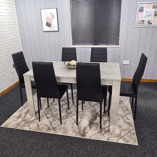 Kosy Koala Modern Rectangular Dining Set with Stone Grey Effect Table and 6 Black Faux Leather Chairs
