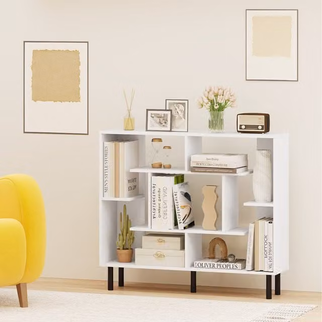 Costway Modern Geometric Freestanding Cube Display Shelf with Back Panel in White