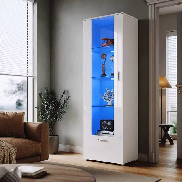 FLAVORA Modern White High Gloss Display Cabinet with Glass Doors and Integrated Lighting, H: 187 cm, W: 40 cm, D: 40 cm