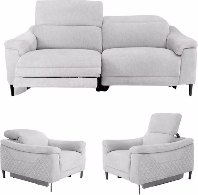 Furnishings For Less UK Oscar 3 Piece Electric Reclining Sofa Suite in Ivory Fabric with USB Charging and Adjustable Headrests