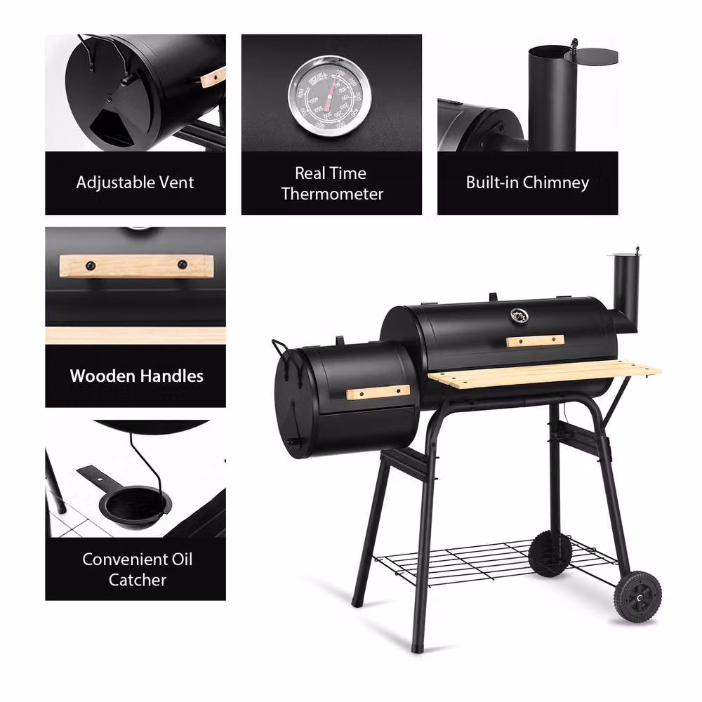 Costway Black Steel Charcoal BBQ Grill and Offset Smoker with Thermometer and Wheels, W/D/H: 105 x 62 x 62 cm – 3