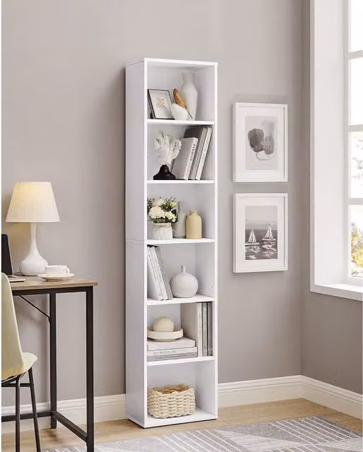 The Bazaarist 6-Tier Freestanding Bookshelf Storage Unit with Adjustable Shelves in White