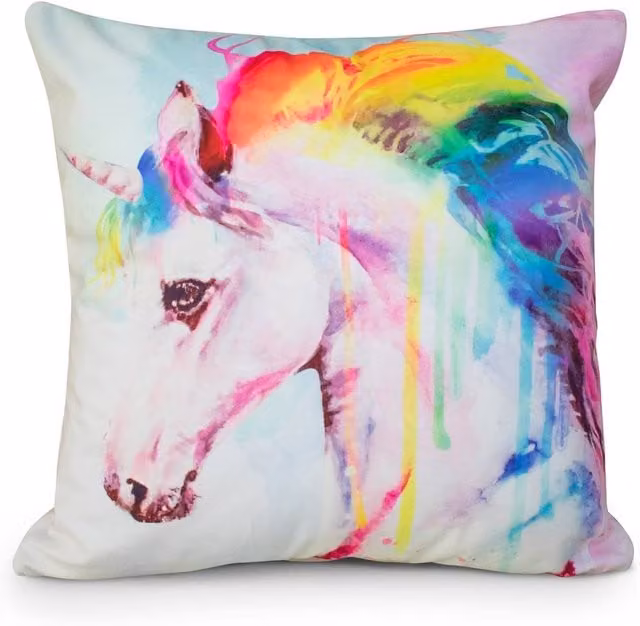 Velosso Unicorn Rainbow Hair Printed Square Cushion, Multicolour, W/D/H: 43 x 43 x 43 cm