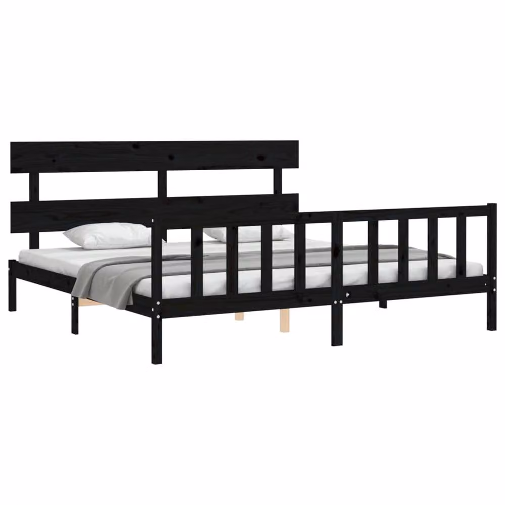 Berkfield Home Solid Wood Pine Bed Frame with Headboard in Black, 200 x 200 cm – 3