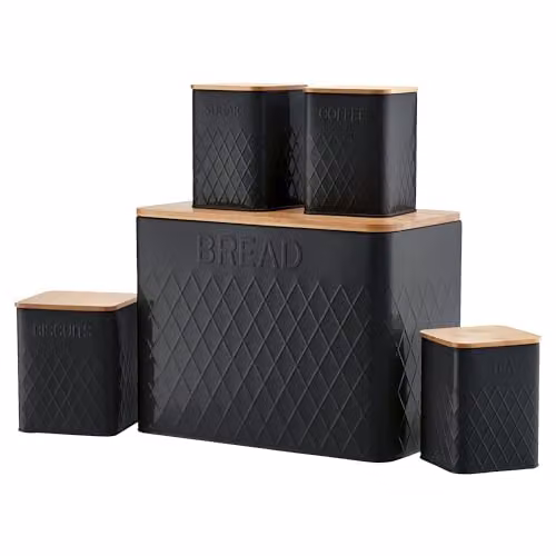Cooks Professional 5 Piece Black Stainless Steel Square Kitchen Storage Cannister Set with Bamboo Lids and Geometric Diamond Pattern Labels – 6