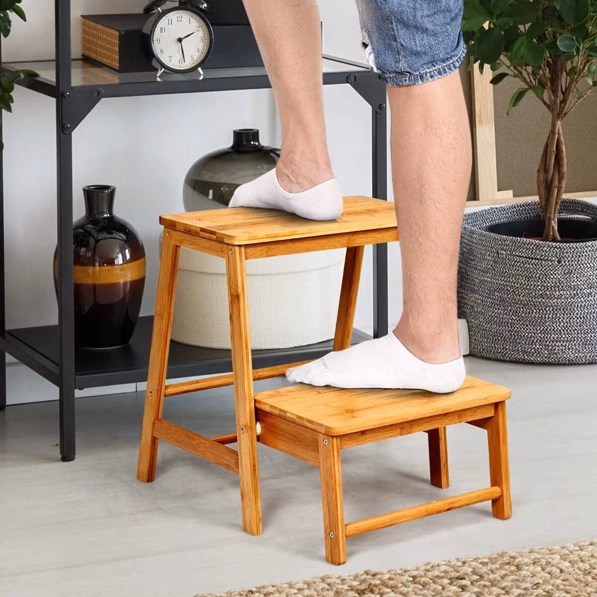 Costway 3-in-1 2-Step Folding Bamboo Step Ladder and Portable Display Rack in Natural Brown – 3
