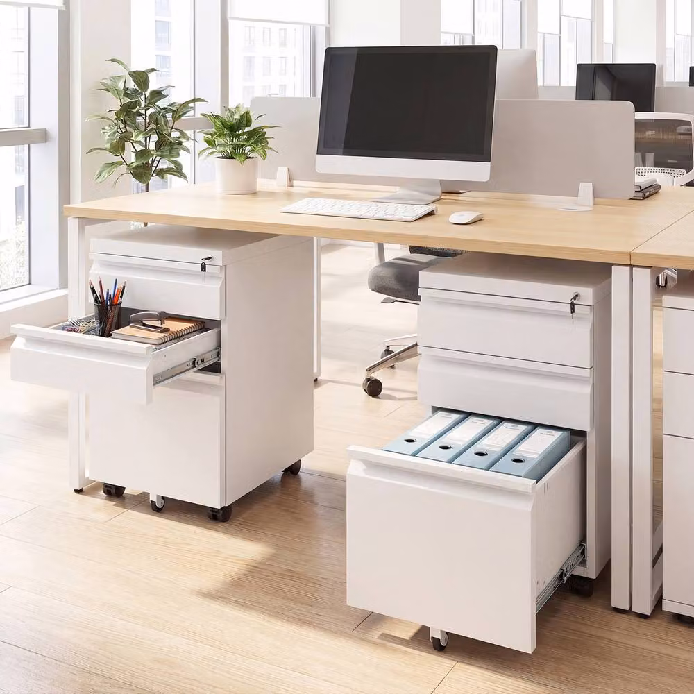 Costway 3-Drawer Mobile Metal Filing Cabinet with Castors and Lock in White – 4