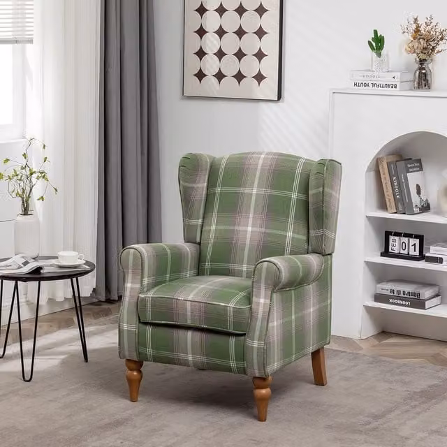 FURNITURE ONE Retro Green Tartan Fabric Wingback Accent Chair with Solid Wood Frame, W/D/H: 70.0 x 75.0 x 96.0 cm – 1
