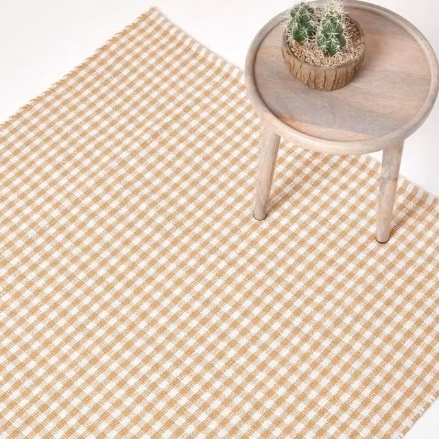 Homescapes Hand Woven Cotton Gingham Check Rug in Beige, W: 110 cm, L: 170 cm