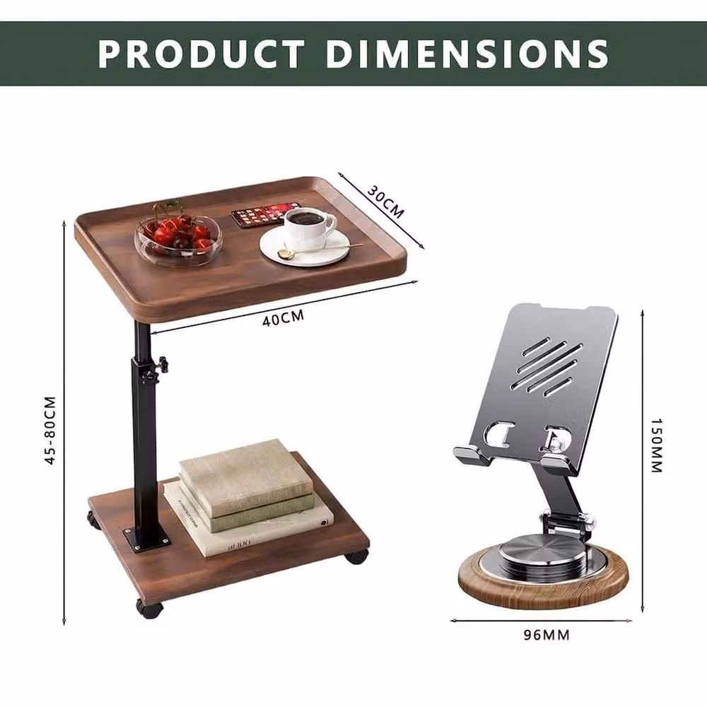 FORGEVIO Adjustable Side Table with Wheels and Rotating Top in Brown, Height: 45 - 80 cm – 2