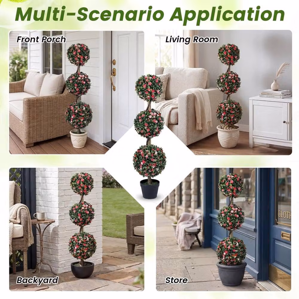 VOGREX Artificial Triple Ball Rose Topiary, Green, Height: 110 cm – 6