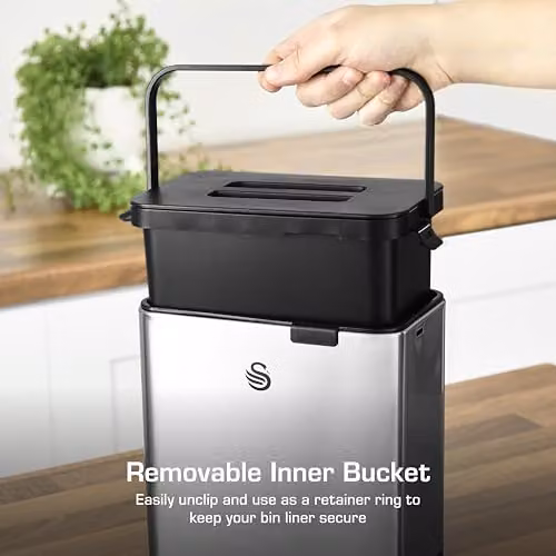 Swan 3L Stainless Steel Kitchen Compost Caddy in Silver with Flip Lid and Removable Inner Bucket – 4