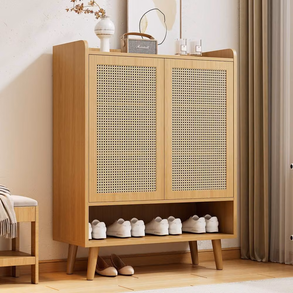 Merax 5 Tier Rattan Shoe Storage Cabinet in Light Oak and Beige, W/D/H: 80 x 35 x 105 cm – 2