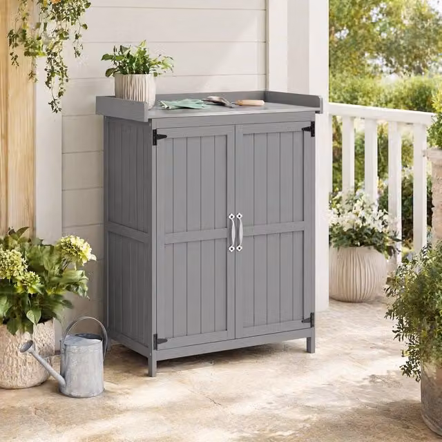 STILVORA Modern Grey Garden Shed with Shelving, Stainless Steel Worktop and Double Doors, W/D/H: 120 x 74 x 88 cm