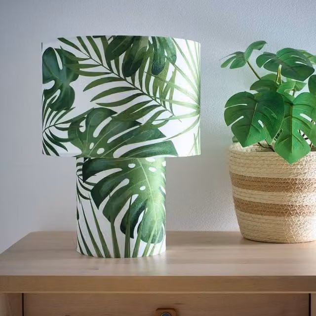 K LIVING Kobe Green Leaves Printed Velvet Table Lamp in Green and Multicolour
