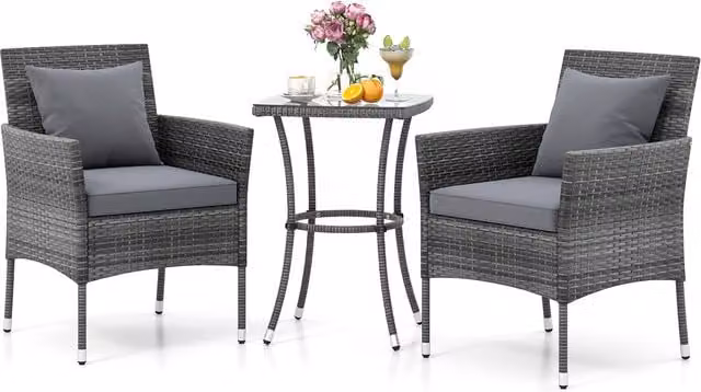 Costway 3-Piece Grey PE Wicker Bistro Set with Glass and Metal Details