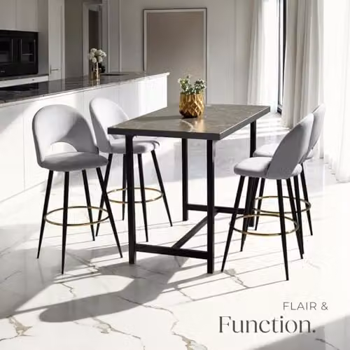 tectake Set of 6 Modern Bar Stools with Velvet-Look Covers and Metal Legs in Grey and Black – 2