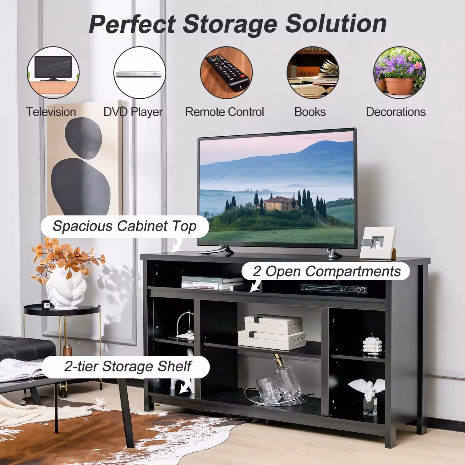 Costway Modern Fireplace TV Stand Media Console Table in Black with Adjustable Shelf for TVs up to 65 inch – 5