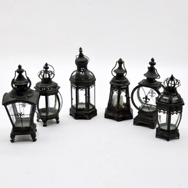 Minster Set of 6 Assorted Black Metal and Glass Garden Lanterns, W/D/H: 15 x 15 x 42 cm