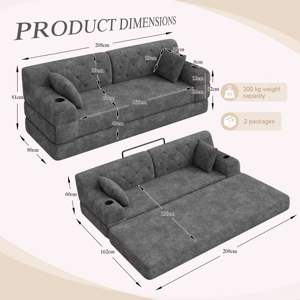BTM 3 Seater Corduroy Sleeper Sofa in Dark Grey with Cup Holders and Side Pockets – 2