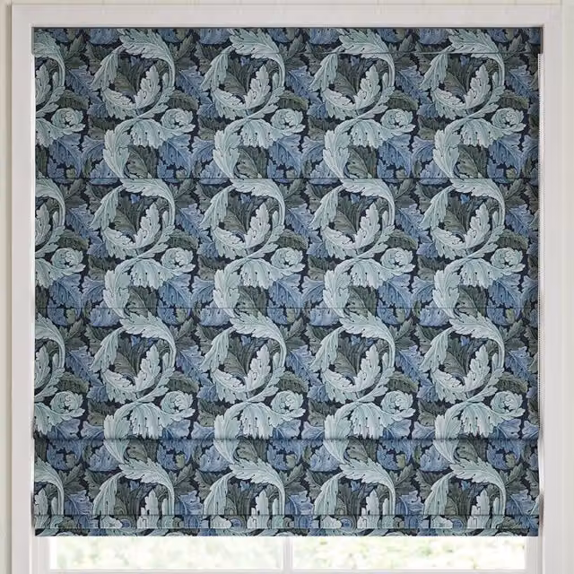 William Morris At Home Acanthus Made to Measure Blackout Roman Blind in Indigo Blue and Green Floral Design