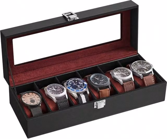 SONGMICS 6-Slot Watch Organiser Box with Glass Lid, Black