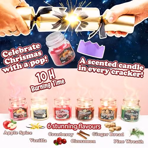 KreativeKraft Luxury Christmas Crackers, Pack of 6 Gold Glass and Multicolour Festive Party Crackers with Mini Scented Candles – 2