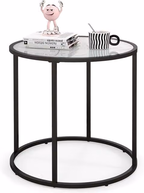 Gymax Round Glass End Table with Black Faux Marble Effect and Metal Frame, Diameter: 50 cm