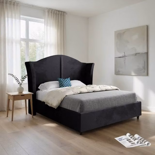 KDMD Wiggonholt Curved Winged Upholstered Bed Frame in Black Soft Velvet, Super King, W/D/H: 200 x 189 x 137 cm