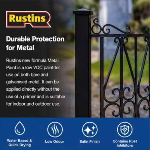 Rustins Quick Drying Water Based Metal Paint, Satin Gloss Black, 500 ml – 2