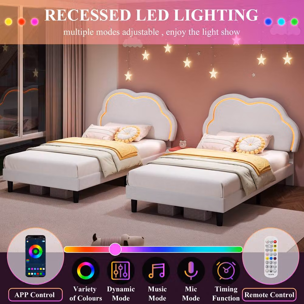 BTM Single Upholstered Velvet Bed Frame with LED Adjustable Headboard in White, W/D/H: 90 x 190 x 113 cm – 2