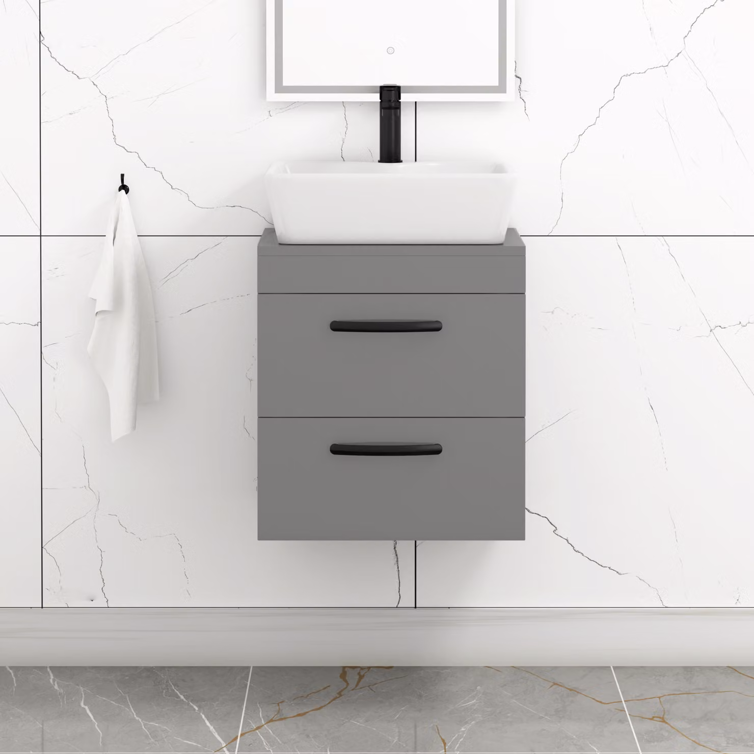 Royal Bathrooms 500mm Wall Hung Vanity Unit with 2 Drawers and Cube Countertop Basin in Indigo Grey Gloss with Matt Black Handles