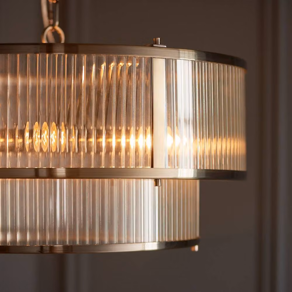 Netlighting Ridgeton Cylindrical Pendant Light with Gold Brass Plate and Transparent Ribbed Glass, 5x E14 – 3