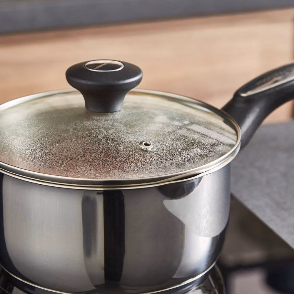 Morphy Richards 5 Piece Stainless Steel Pan Set with Ceramic Coating and Glass Lids in Silver – 9