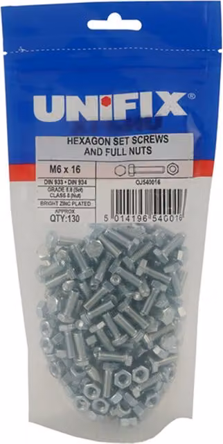 Unifix Grade 8.8 Hex Socket Setscrews and Class 8 Full Nuts, M6 x 25 mm, Grey Steel