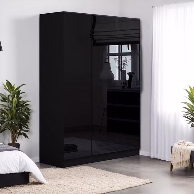 FWStyle Black Gloss 3 Door Triple Wardrobe with Soft Close Hinged Doors