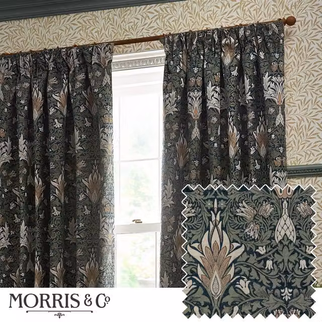 Morris & Co. Snakeshead Jacquard Chenille Pencil Pleat Room Darkening Curtains in Blue, Width: 168 cm, Drop: 183 cm