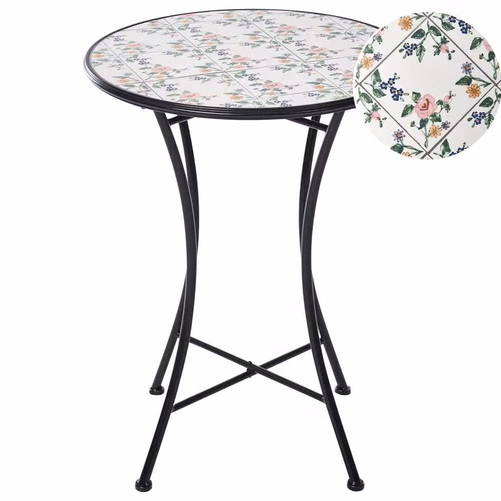 Wyld and Coco Bistro Garden Table with Vintage Black Iron Frame and Geometric Mosaic Ceramic Top – 2