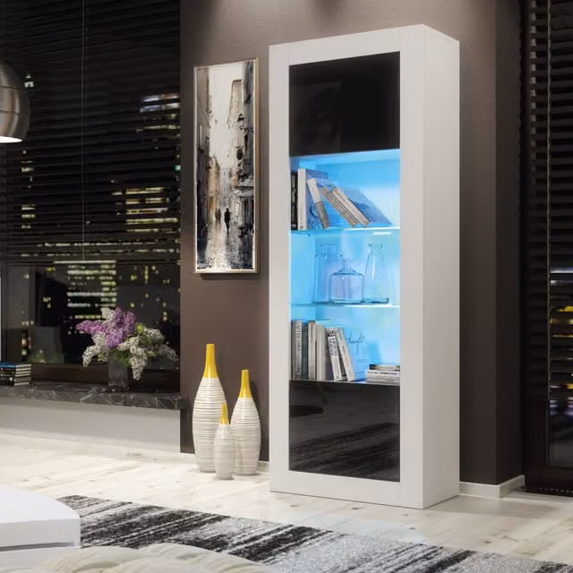 Creative Furniture Illume Modern Display Cabinet in White and Black with Glass Doors and Integrated Lighting, H 170 x W 63 x D 35 cm