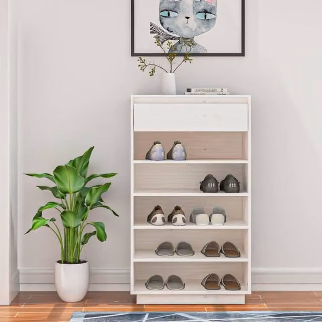 Berkfield Home White Solid Wood Pine Shoe Cabinet W: 60 cm, D: 34 cm, H: 105 cm