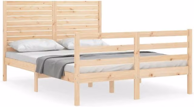 Berkfield Home Small Double Solid Pine Wood Bed Frame with Headboard in Natural