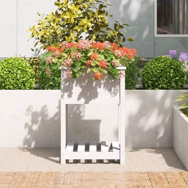 Berkfield Home White Solid Wood Pine Planter with Shelf, W/D/H: 54 x 54 x 81 cm – 1