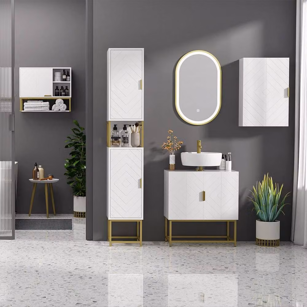 Wyld Haus Kacoel Tall Narrow Bathroom Storage Cabinet in White with Gold Tone Steel Base – 4